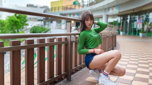 Asian Women Model Long Hair Dark Hair Leaning Sneakers Green Top Shorts Railings Depth Of Field Tile 1920x1280 Wallpaper
