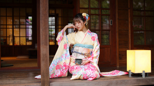 Asian Model Women Long Hair Dark Hair Depth Of Field Sitting Porch Traditional Clothing Kimono Hair  3840x2560 Wallpaper