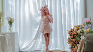 Asian Model Women Long Hair Dyed Hair Pink Hair Dress Legs Anklet 3840x2560 Wallpaper