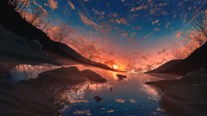 Pixiv Artwork Water Sky Clouds Sunset Sunset Glow Stars Digital Art Branch 2948x1831 Wallpaper