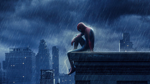 The Amazing Spider Man 2 Fan Art Peter Parker Rain Sitting Sad Looking Below Rooftops Cityscape Artw 1920x1080 Wallpaper