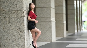Asian Model Women Long Hair Dark Hair Depth Of Field Skirt Legs High Heels 3840x2770 Wallpaper