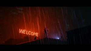 Spider Man Across The Spider Verse Spider Man Rain Sign Neon Standing Bodysuit Superhero 2560x1440 wallpaper