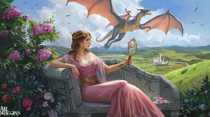 Artwork Fantasy Art Women Dragon Castle Landscape Field Farm Flying Mirror Dress Pink Dress Tiaras F 1900x994 Wallpaper