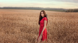 Brunette Depth Of Field Field Girl Model Red Dress Summer Wheat Woman 2000x1335 Wallpaper