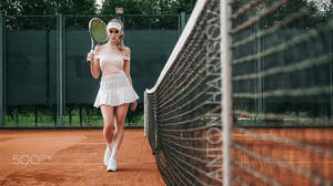 Anton Harisov Women Blonde Long Hair Bare Shoulders Tennis Sneakers Tennis Courts Skirt White Clothi 2000x1125 Wallpaper