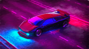 3D Graphics CGi Digital Art Shader Oil Painting Painting Car Neon Lights Road Lamborghini Diablo 3840x2160 Wallpaper