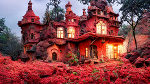 Fantasy Architecture Red House Mansion Fairy Tale Hills Nature Roof Garden 2048x1152 wallpaper