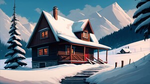 Ai Art Illustration Winter Snow House Mountains Trees Stairs 4579x2616 Wallpaper
