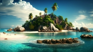 Ai Art Tropical Island Palm Trees Beach Clouds Water Sky Sand Rocks Digital Art 4579x2616 Wallpaper