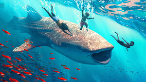 Victor Sales Digital Art Fantasy Art Water ArtStation Underwater Whale Whale Shark Fish Children Div 1920x986 Wallpaper
