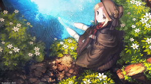 Anime Girls Blonde Original Characters Hat Coats Scarf Pond High Angle Flowers Leaves Plants Water L 1600x900 Wallpaper