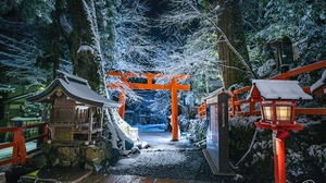 Japan Winter Asian Architecture Snow Trees Lantern Night Torii 2016x1344 Wallpaper