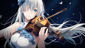 Anime Anime Girls Musical Instrument Hair In Face Violin Flower In Hair Long Hair Flowers Face Blue  3000x2123 Wallpaper