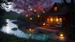 River House Lights Trees Night Moon Water Flowers 1920x1080 Wallpaper