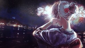Anime Women Anime Girls Women Outdoors Night Sky Fireworks Monogatari Series 2560x1182 Wallpaper