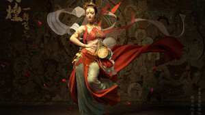 Baogu Er Ba CGi Women Asian Shawl Pattern Digital Art Dancing Petals Watermarked Jewelry Closed Eyes 1920x1441 Wallpaper