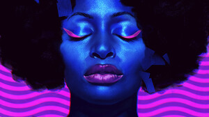 Mariia Solianyk Women Curly Hair Blue Skin Makeup Digital Art Closed Eyes Afro Frontal View Portrait 1500x1500 Wallpaper