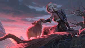 Dao Trong Le Fantasy Art Fantasy Girl Dog Animals Mammals Sitting Women Outdoors Corgi 2000x1143 Wallpaper