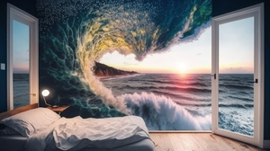 Ai Art Illustration Surreal Waves Bedroom Retouching Sunset Glow Water Bed Pillow 4579x2616 Wallpaper