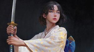 Japanese Kimono Katana Blue Eyes 3840x2160 Wallpaper