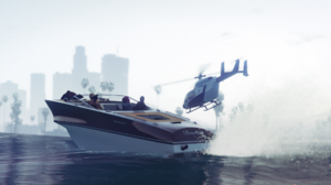 Grand Theft Auto V Screen Shot Grand Theft Auto Video Games CGi Water Boat Helicopters Aircraft Vide 2560x1080 wallpaper