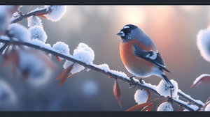Ai Art Bullfinch Winter Frost Birds Animals Branch Leaves 3136x1792 Wallpaper