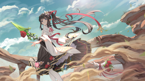 Anime Anime Girls Long Hair Twintails Flowers Clouds Sky Pointy Ears 3840x2160 Wallpaper