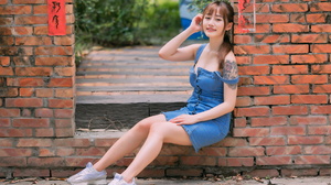 Asian Model Women Long Hair Dark Hair Sitting Bricks Wall Jeans Dresses Sneakers Tattoo Depth Of Fie 1920x1280 Wallpaper