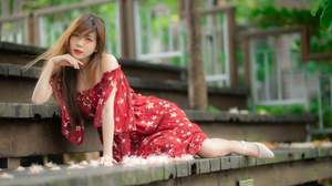 Asian Model Women Long Hair Dark Hair Depth Of Field Dress Stairs Leaning Lying On Side Looking At V 3840x2560 Wallpaper
