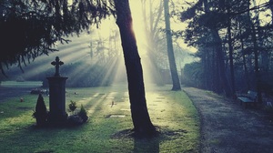 Atmosphere Cemetery Cross Dark Fog Glow Grave Gravestone Light Morning Sunshine 2000x1500 Wallpaper