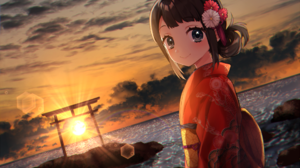 Anime Anime Girls Flower In Hair Water Sunset Clouds Sky Kimono 1920x1296 Wallpaper
