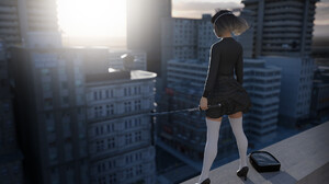 Ithius Eiros Women Brunette Sweater Skirt Katana City 3D Building Digital Art Shoes 1920x1080 wallpaper