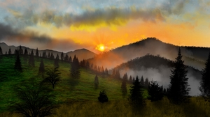 Digital Painting Digital Art Nature Landscape Sunset Hills 1920x1080 Wallpaper