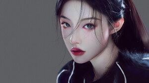 Huy Ozuno Digital Art Artwork Illustration Women Asian Portrait Face Black Hair Red Lipstick Looking 1920x1800 Wallpaper