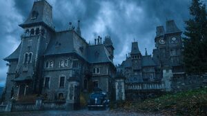 Movies Dark Wednesday TV Series Nevermore Academy Rain Castle Romania Limousine Black Cars Car Tower 2560x1280 Wallpaper