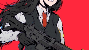 Red Eyes Red Background Black Hair Angry Long Hair Weapon Rifles Gun Red Tie White Shirt Anime Girls 3234x3748 Wallpaper
