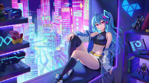Anime Anime Girls Anaglyphic Blue Hair Smiling Purple Eyes City Lights City Nintendo Switch Figurine 5120x2880 Wallpaper