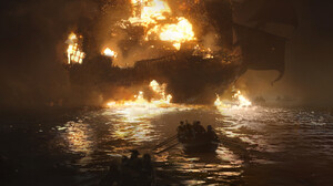 Artwork Ship Fire Burning Vehicle Boat Sea Night Dark Water 3840x1852 Wallpaper