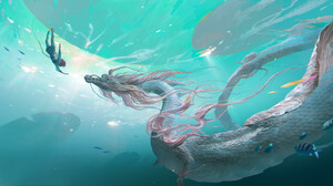 Underwater Chinese Dragon Tea Me Creature Water In Water Dragon Fish Animals Artwork 3840x1728 Wallpaper