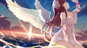 Anime Anime Girls Wings Water Sunset Sunset Glow Flowers Flower In Hair Long Hair Sky Clouds Sun Loo 1754x1240 Wallpaper