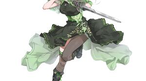 BODHi Bodhi Wushushenghua Anime Girls Green Eyes Dress Sword Weapon Gloves Simple Background Minimal 3840x3840 wallpaper