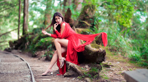 Asian Model Women Long Hair Dark Hair Red Dress Railway Trees Depth Of Field Sitting Barefoot Sandal 3840x2560 Wallpaper
