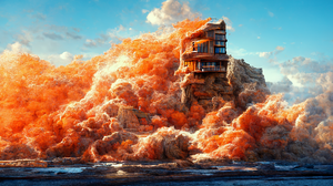 House Cliff Storm Orange Fire Ocean View Ai Art 2048x1152 Wallpaper