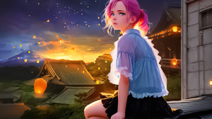 Anime Girls Sky Anime Edit Sunset Glow Looking At Viewer Lantern Pink Hair Looking Back Blue Eyes Le 1280x896 Wallpaper