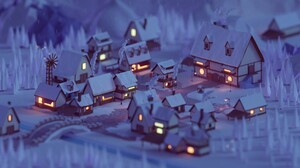 Digital Art Fantasy Art Nature CGi House Winter Snow Lights Evening Village Trees Bridge Mohamed Cha 2560x1440 Wallpaper