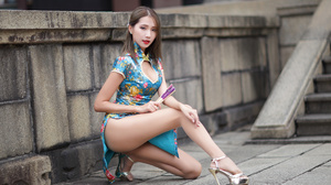 Asian Model Women Long Hair Dark Hair Stairs Traditional Chinese Clothing Hand Fan Hair Ornament Hig 3840x2560 Wallpaper
