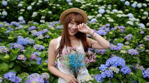 Asian Model Women Long Hair Dark Hair Field Flowers Straw Hat White Dress Bracelets 1920x1280 Wallpaper