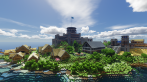 Building Minecraft Video Games CGi Clouds Village Castle Flag Water Sky 1920x1080 Wallpaper