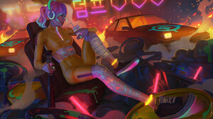 Women Artwork Baseball Bat Car Neon Glow Purple Hair Legs Headphones Vehicle Fire Burning Watermarke 1920x1194 Wallpaper